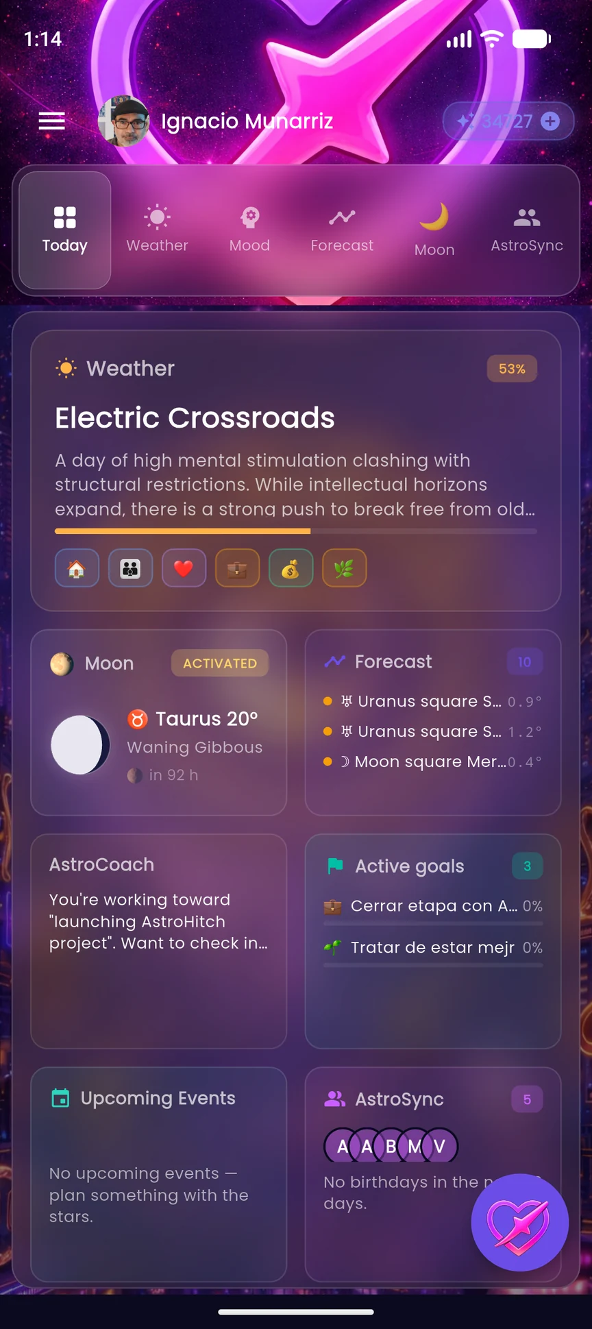 AstroHitch Today dashboard with personalized astrology, Moon insights and goals